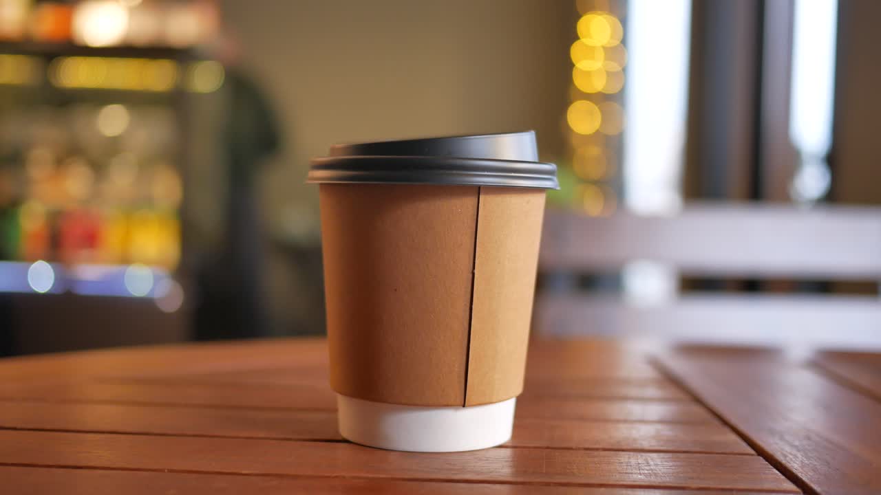 Una tazza di carta di caffè su un tavolo di legno in un caffè