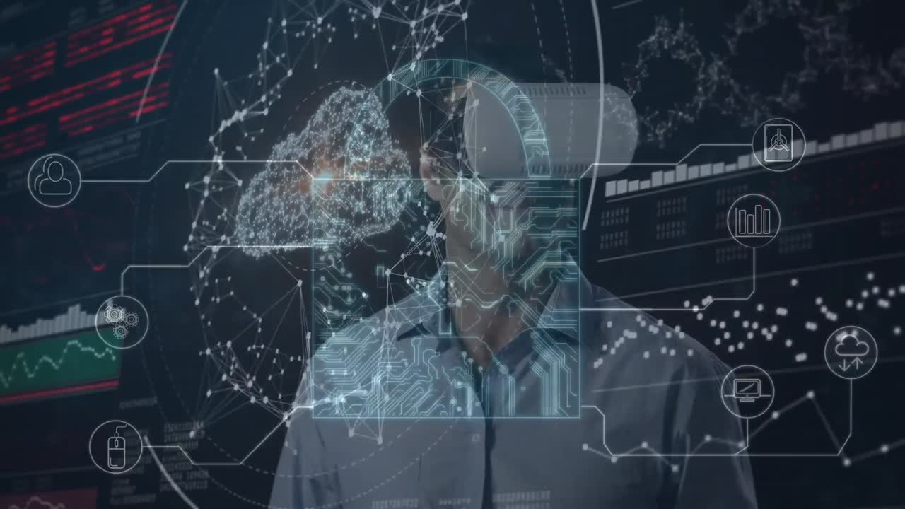 헤드 ⁇ 을 착용한 사람 위의 연결 네트워크의 애니메이션