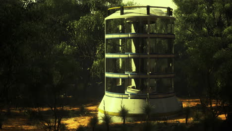 unique structure stands alone in a remote area surrounded by trees at sunset
