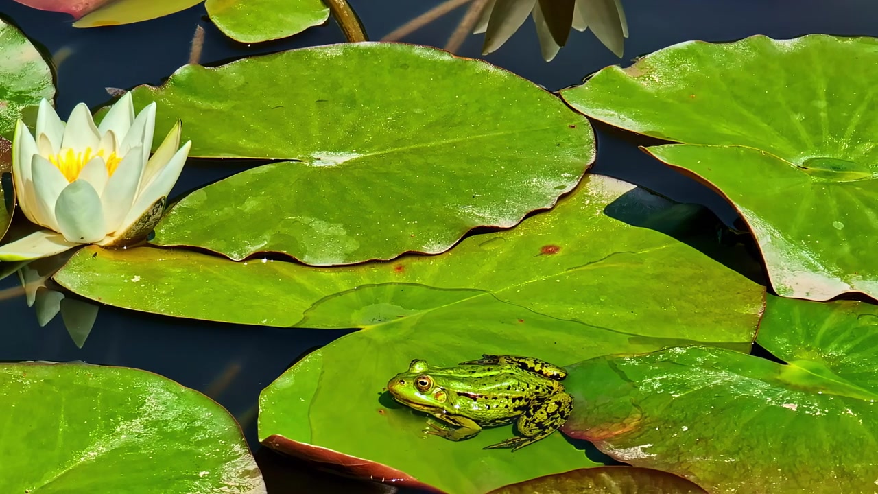 Rana che riposa su una grande ninfea verde, natura, fauna selvatica, primo piano, piante, fiori.