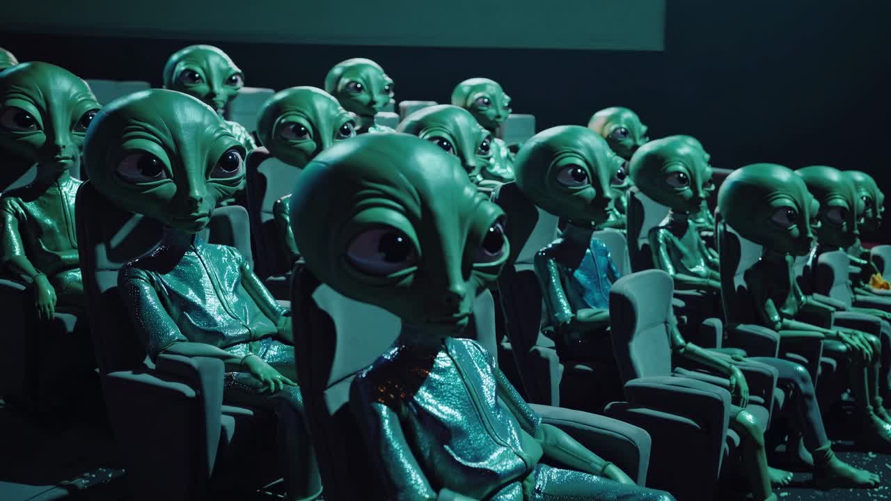 Many aliens relaxing in comfortable movie theater chairs, enjoying an entertaining film screening while engaging with the show in a curious and humorous way