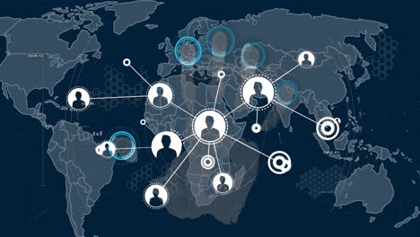 animación de la red de conexiones con las personas iconos sobre el mapa del mundo