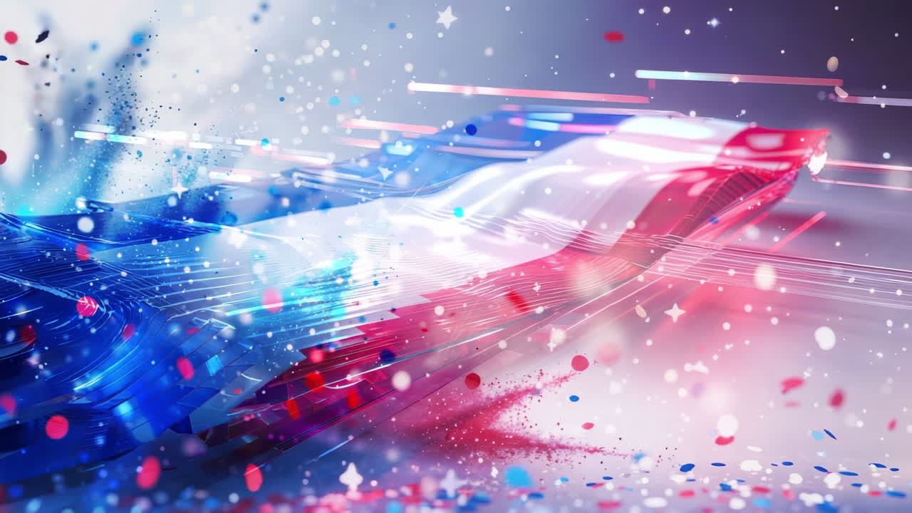 Dynamic Abstract French Flag with Confetti and Light Trails