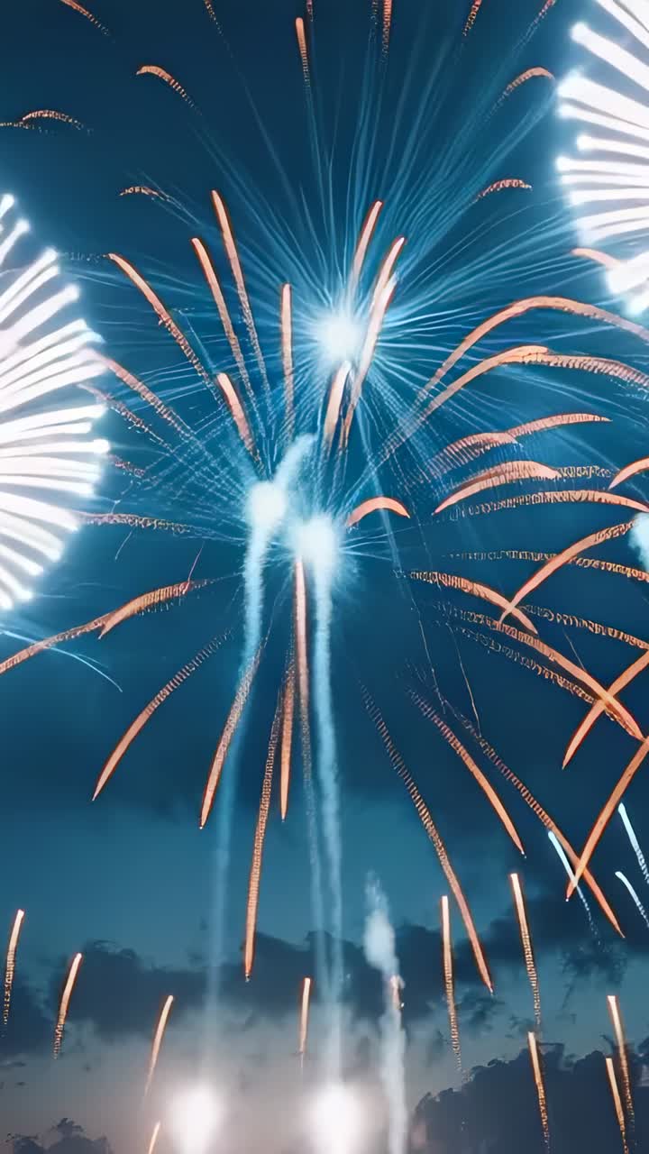 Vertical video: Launching firework shells forming bursts above dusk treeline, with glowing trails