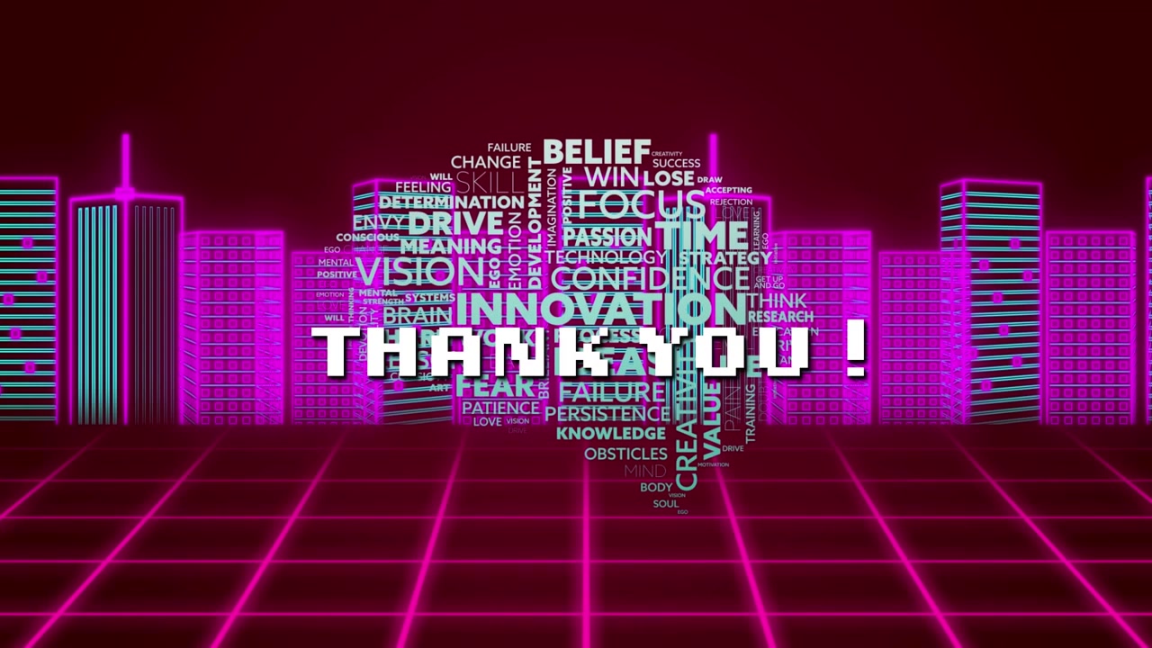 The cityscape is drawn in pink and green, with a grid moving in the background