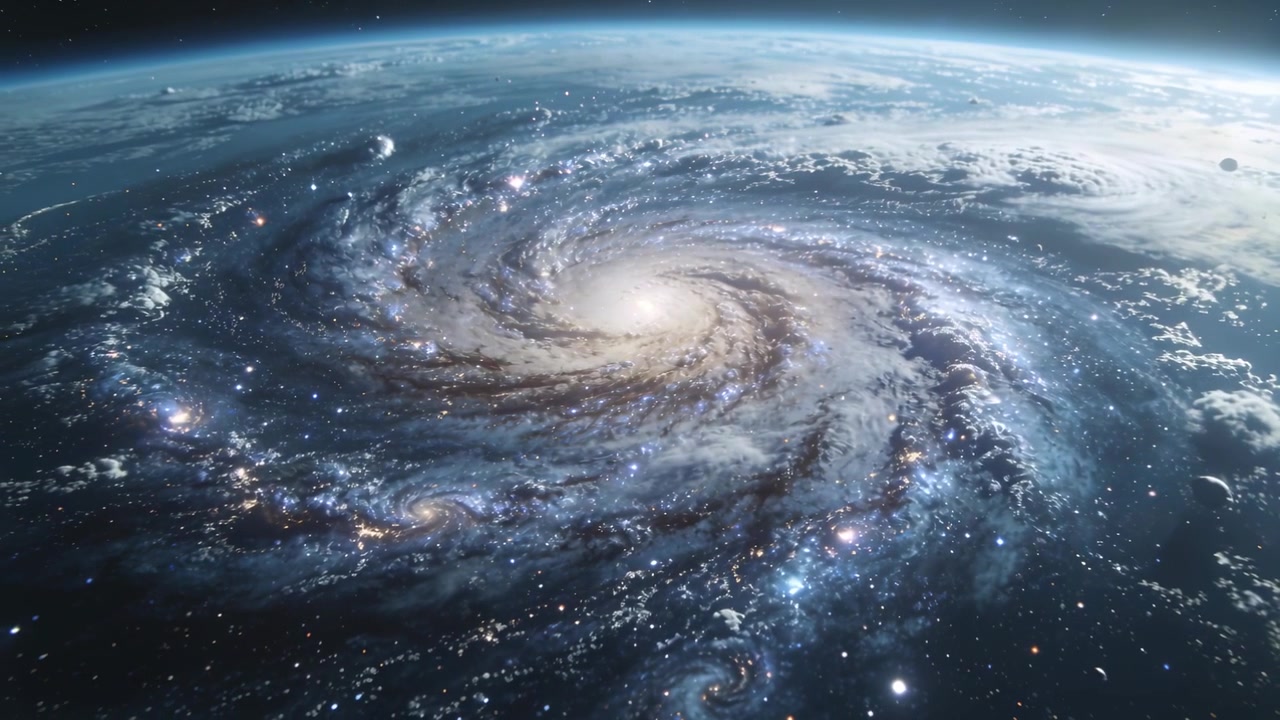 Inquadratura che si allontana, mostrando una spirale che ruota sopra il bordo di un pianeta, con un nucleo luminoso e punti che si spostano.