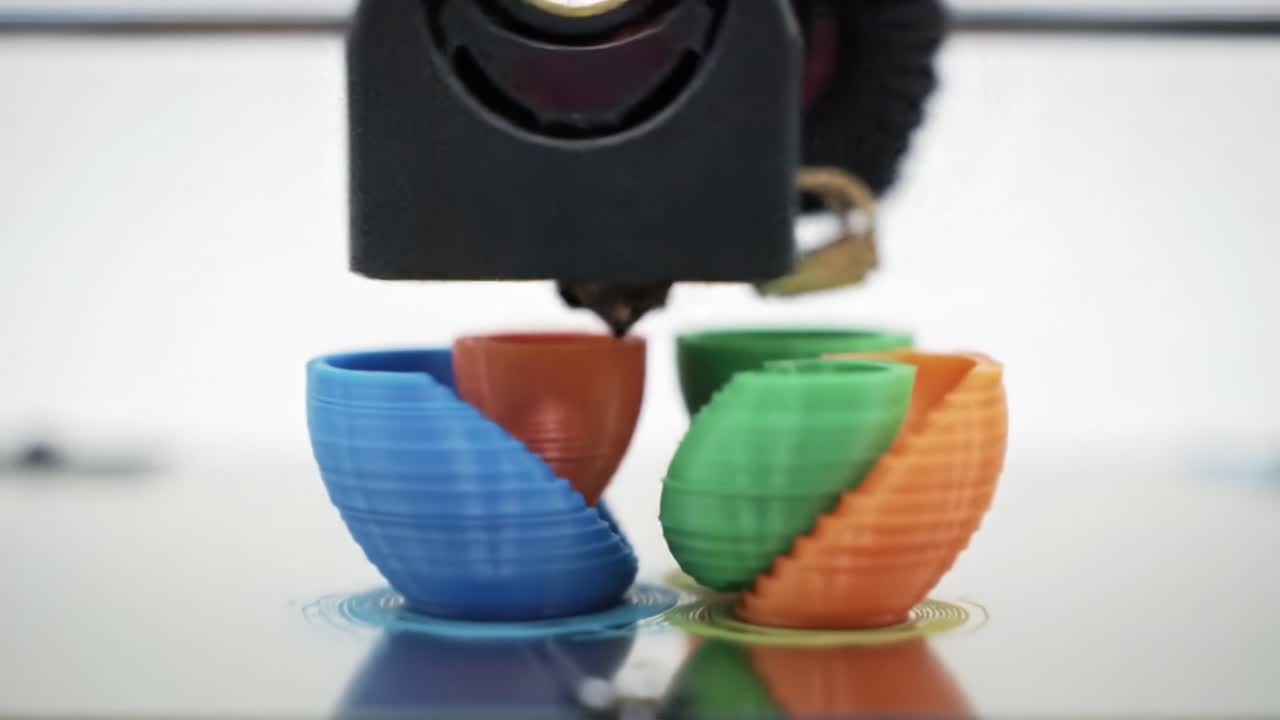 Discover a creative workshop where vibrant swirl bowls are being formed using 3D printing technology. Different colors merge seamlessly, showcasing craftsmanship and innovation.