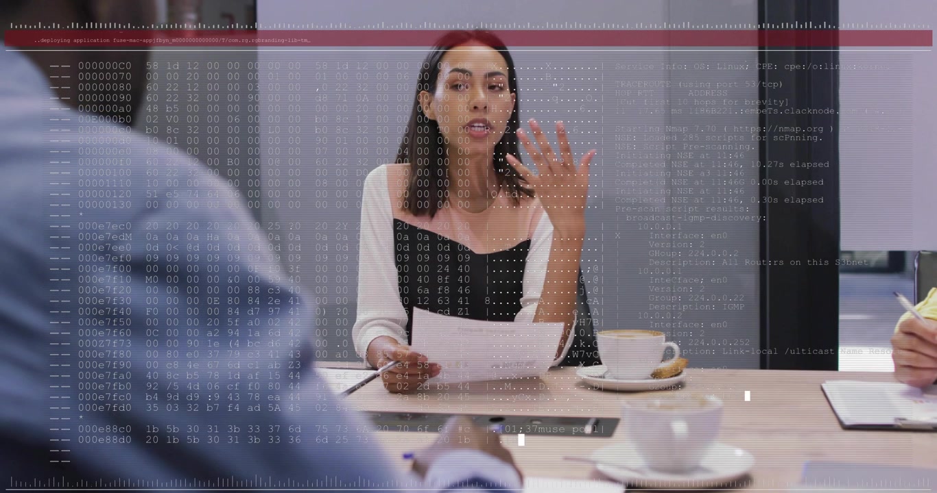 Presenter lifting agenda and explaining data for business meeting while hex code glitch appearing