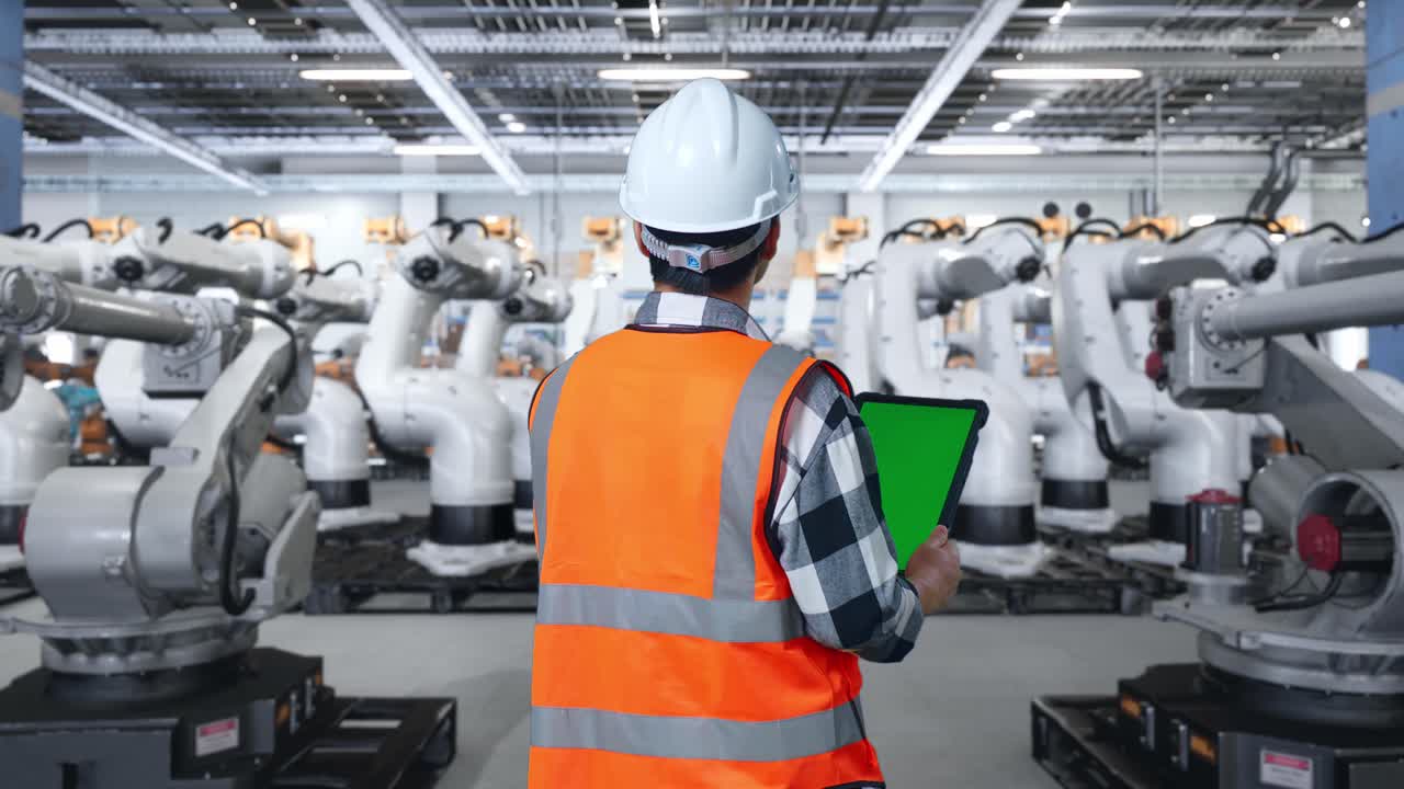 Engineer Monitoring Industrial Robots in a Factory