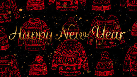 animation of new year greetings over christmas jumper and hat pattern in background