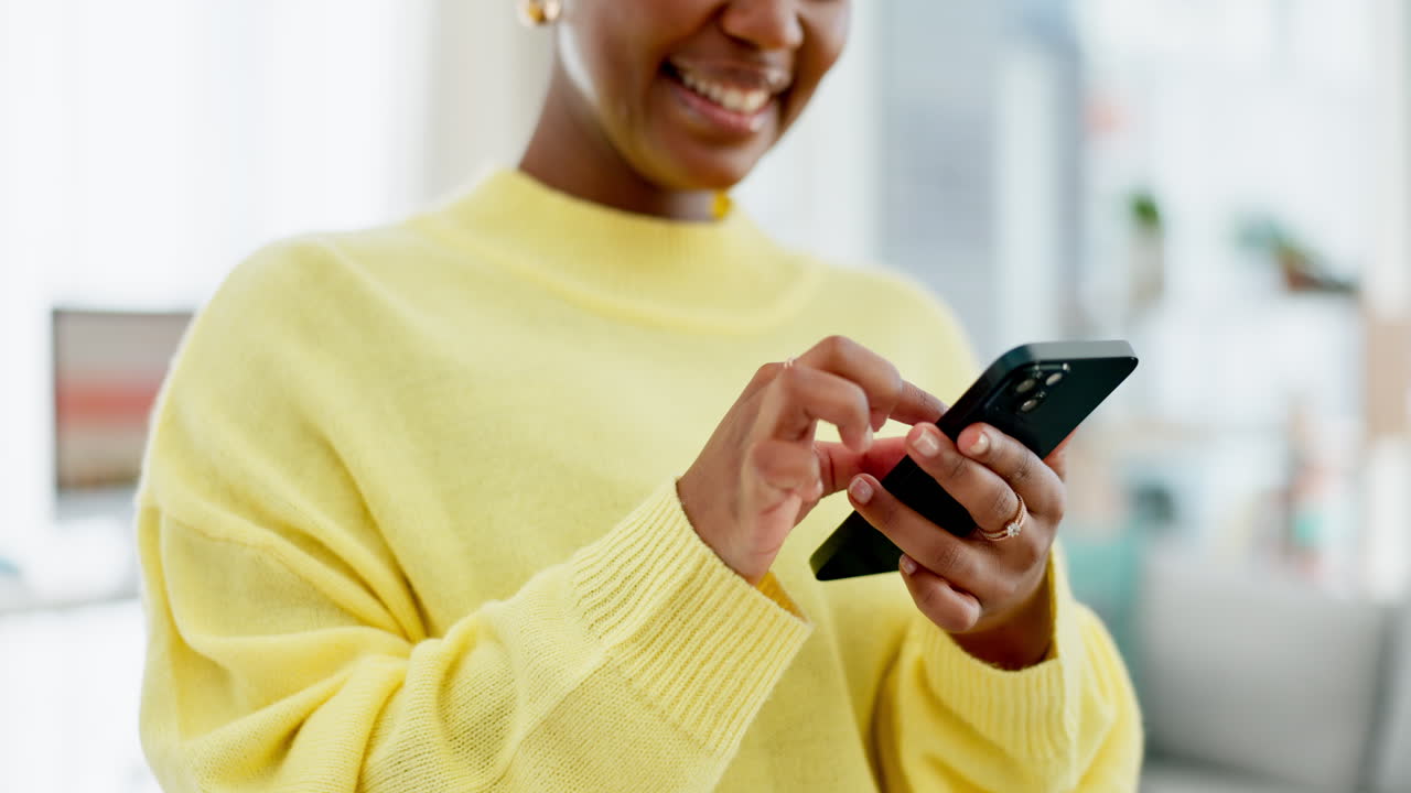 Phone, hands and black woman laughing in home