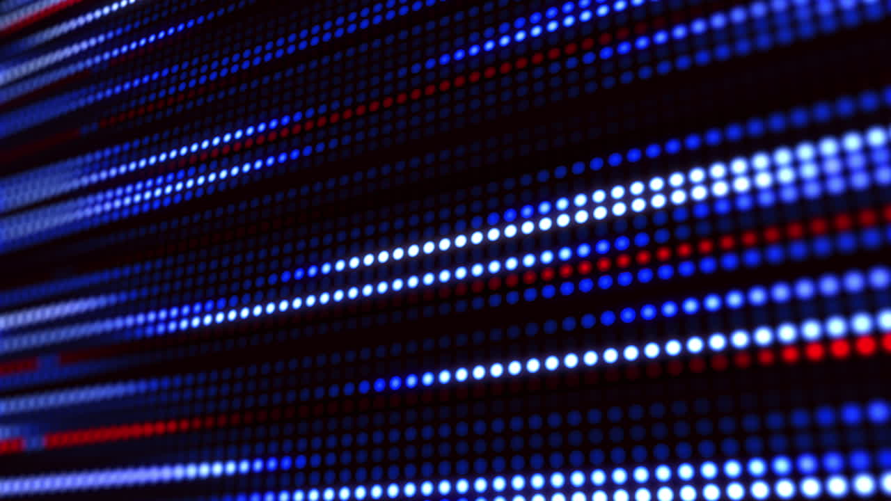 Bright glowing blue diodes. Movement festive illumination lines. Blurred electronic display. Shining stream. Looped motion graphics.