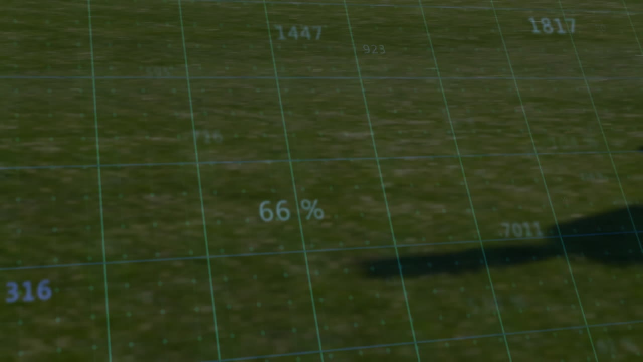 cuadrícula con datos numéricos y porcentajes de animación sobre el campo de hierba