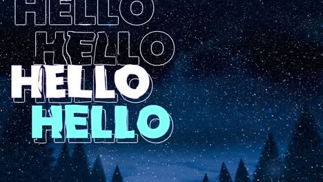 animación de hello sobre la nieve que cae sobre el paisaje de invierno