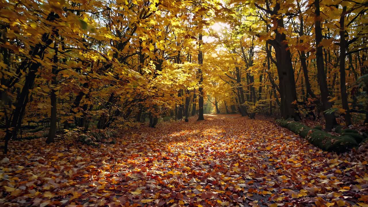 A scenic video capturing a low-angle view of a sunlit forest path blanketed with vibrant autumn