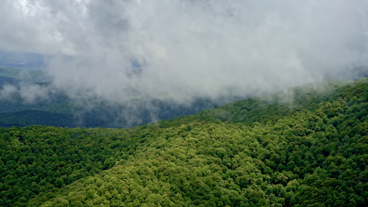 Drone moves over dramatic wilderness where rain and fog paint the Smokies in mood