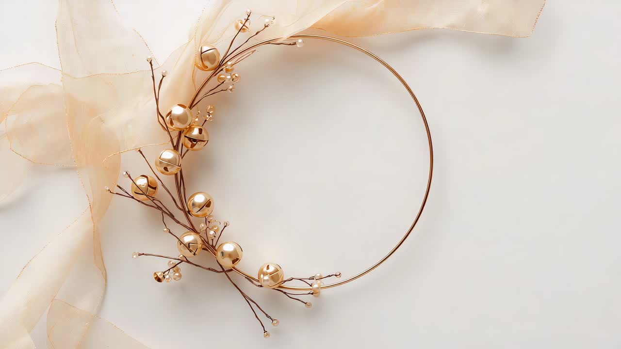 Rotating gold hoop wreath after slight clockwise shift on pale table showing peach ribbon and beads