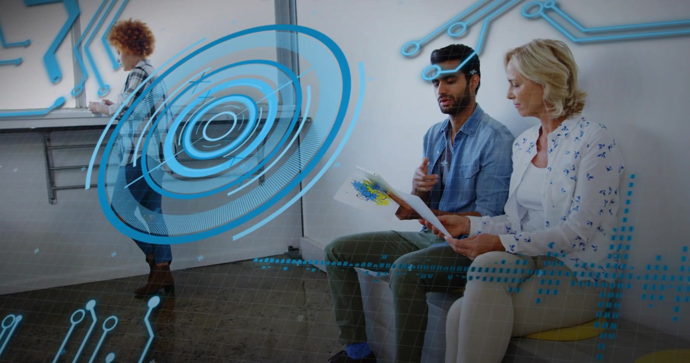 woman tapping smartphone and team reviewing brochure in tech as animated network connecting devices