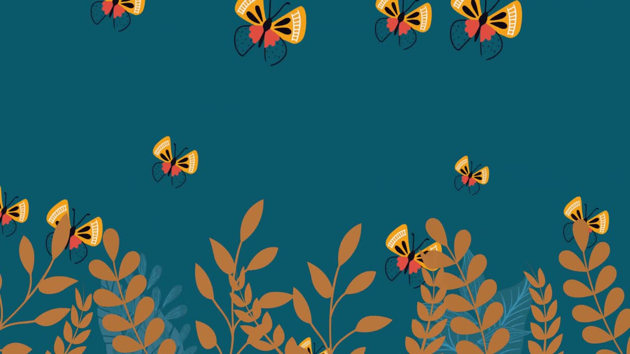 Animation of butterflies and autumn leaves on blue background