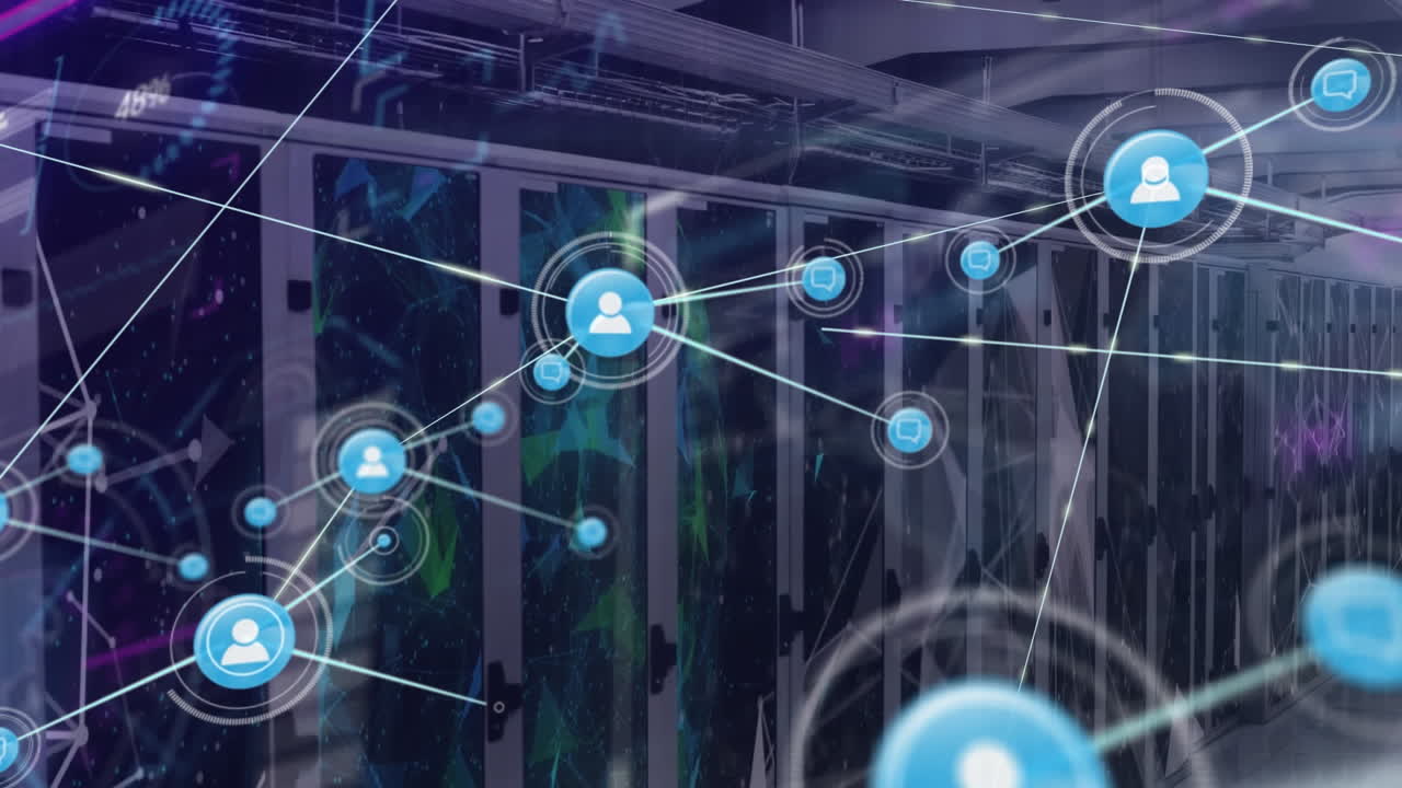 Animation of network of connections with icons and data processing over computer servers