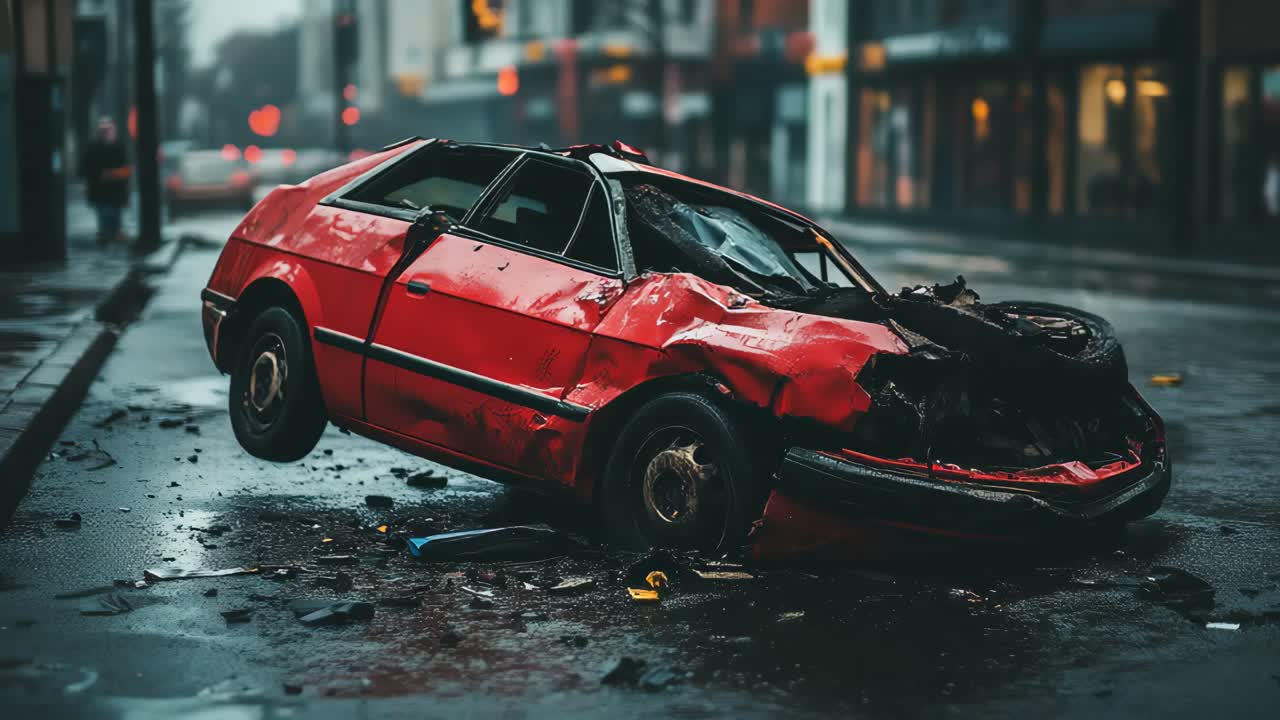 Wrecked Red Car on City Street