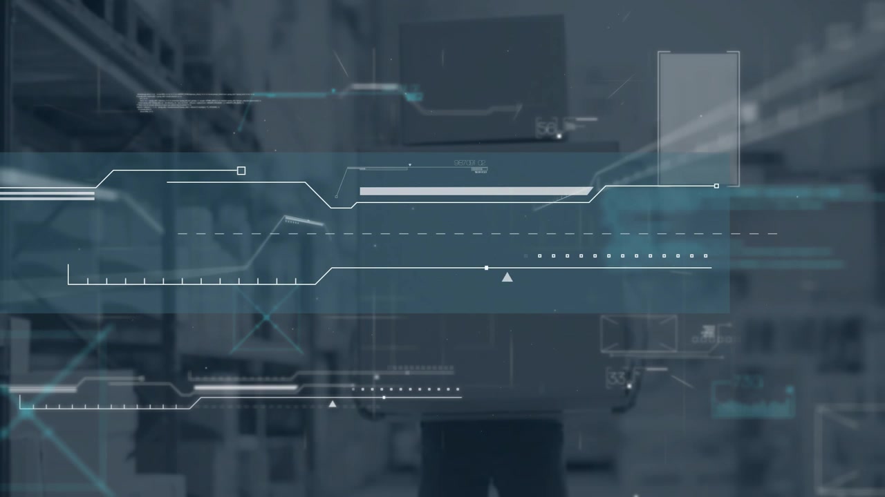 Logistics associate carrying boxes entering aisle activating holographic UI showing inventory data