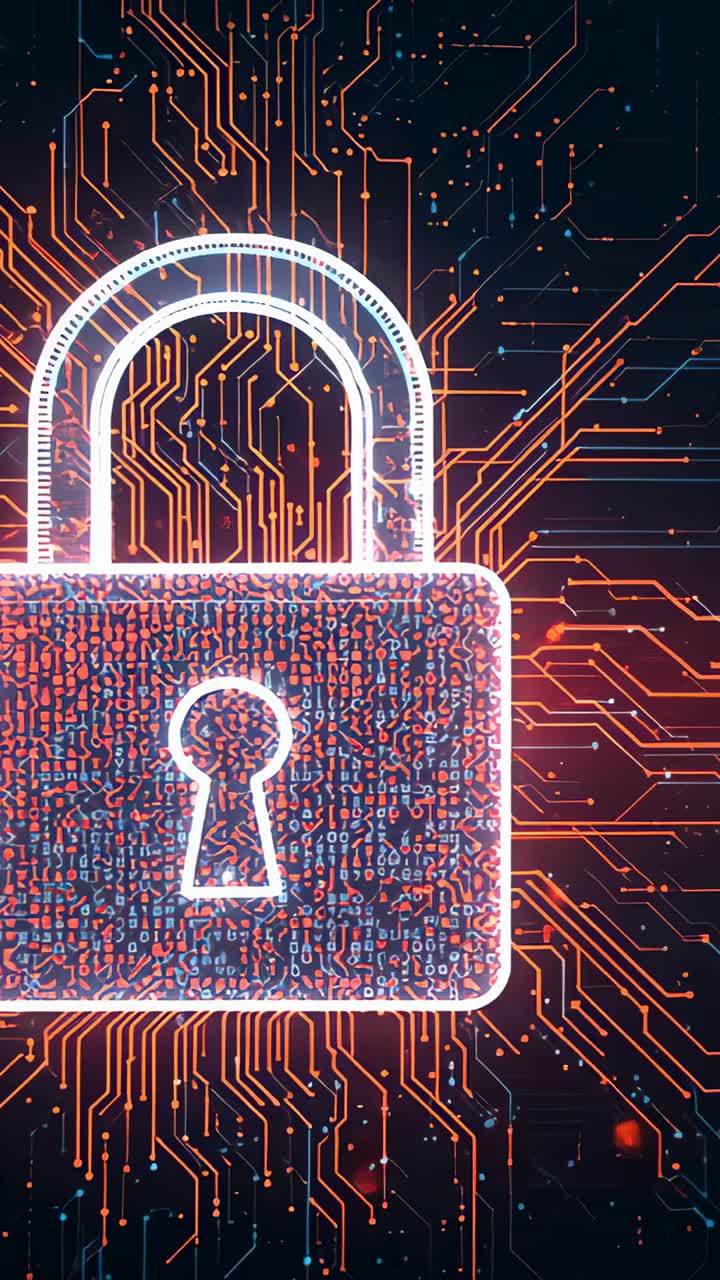 Vertical video: Starting playback padlock graphic fading on digital network with binary code pulse