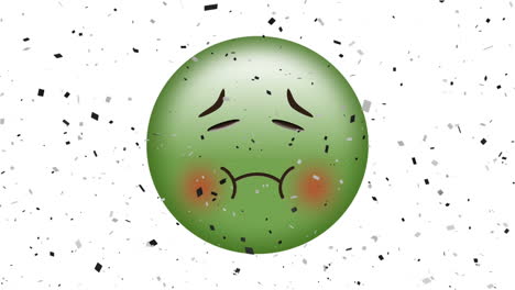 animación del icono verde de emoji enfermo en un fondo blanco con confeti cayendo