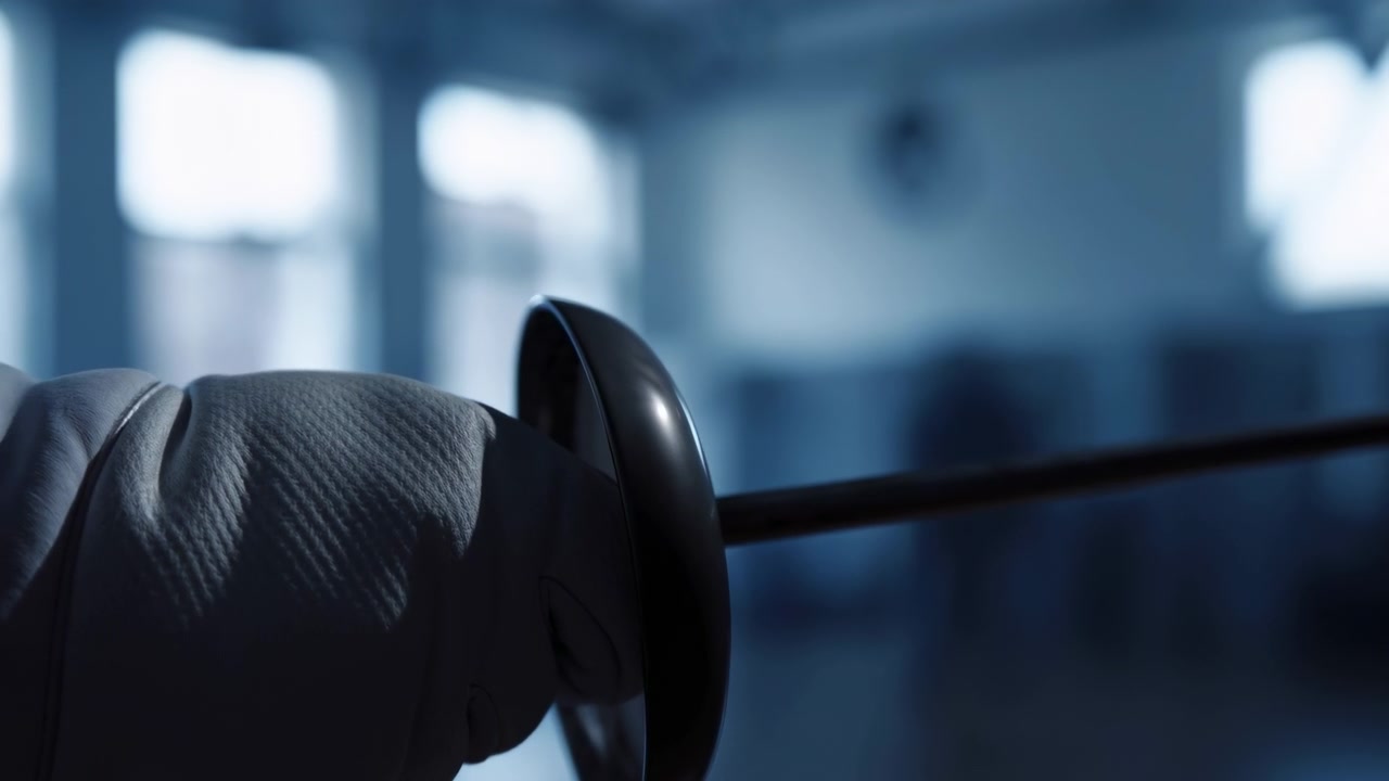 Extreme close-up shows white gloved hand gripping fencing sword inside quiet indoor training hall, with polished guard, stitched cuff, cool window light, soft reflections, shallow focus