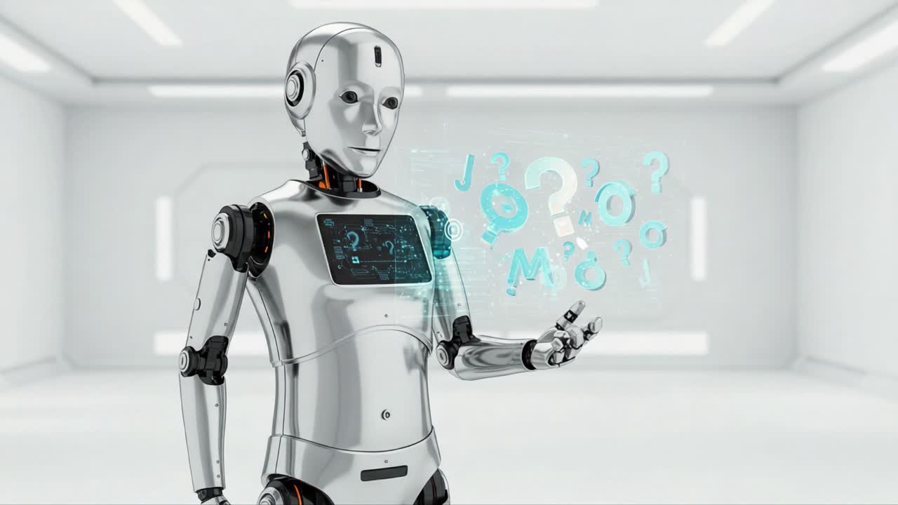 A Futuristic Robot Engaging with Interactive Holographic Symbols of Inquiry, Highlighting Advances in Artificial Intelligence and Human-Machine Interaction