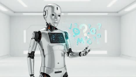 a futuristic robot engaging with interactive holographic symbols of inquiry, highlighting advances in artificial intelligence and human-machine interaction