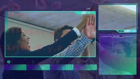 digital interface and data processing over office colleagues high fiving each other at office