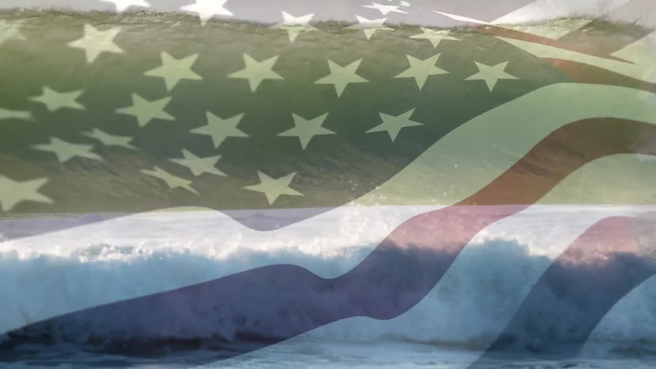 미국 국기가 바다 풍경 위에서 날아다니는 애니메이션