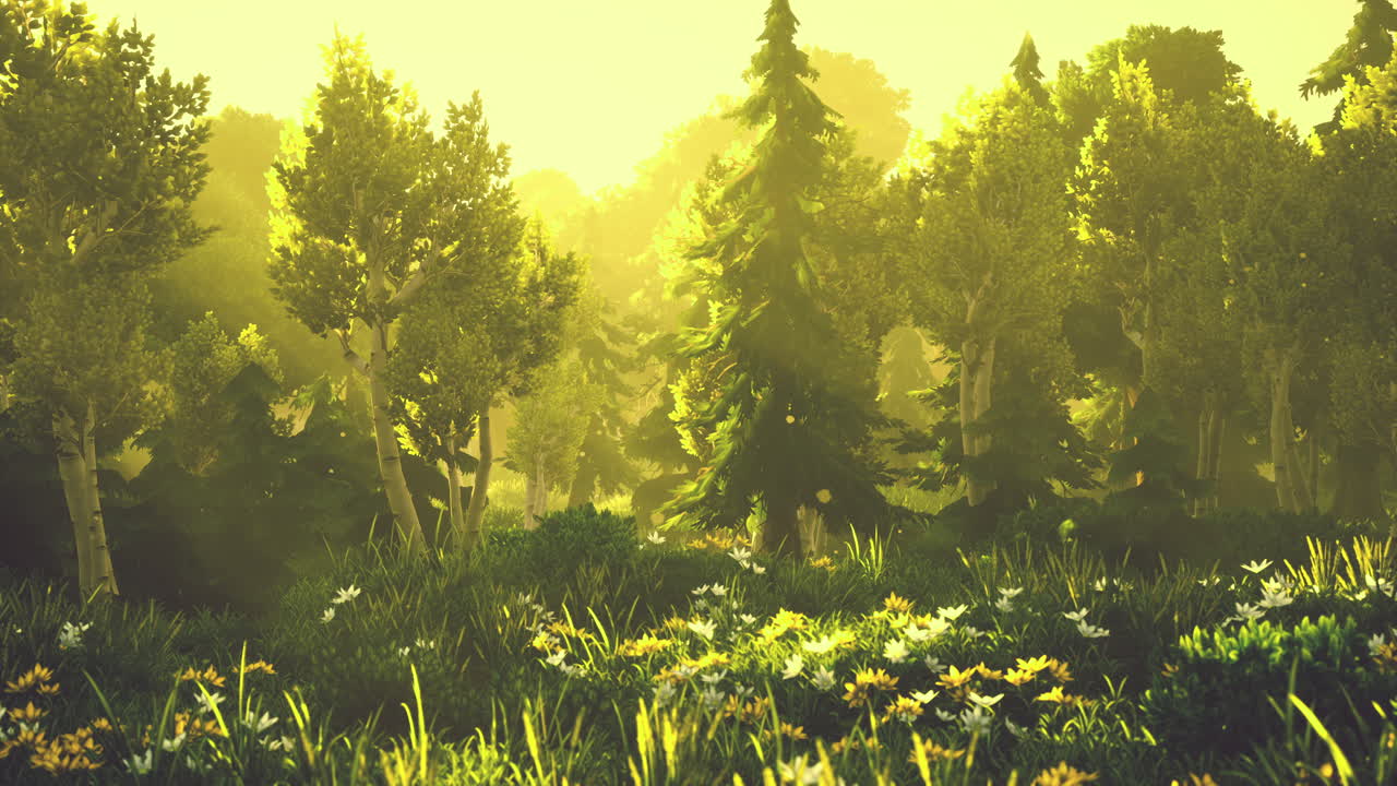 황금색  ⁇ 빛으로 백라이트 된 만화 숲 나무