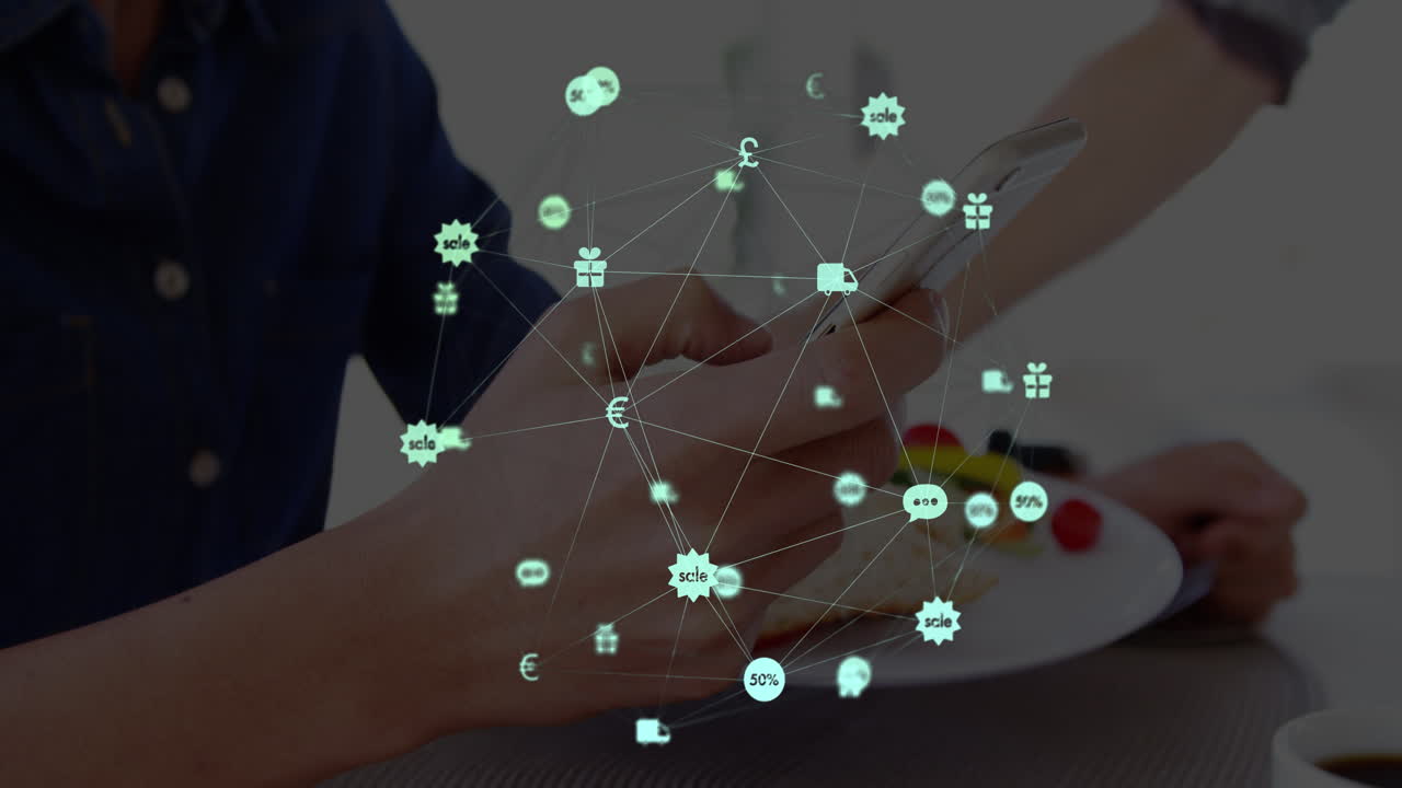 스마트폰을 사용하는 남성들에 대한 아이콘과 연결 네트워크의 애니메이션