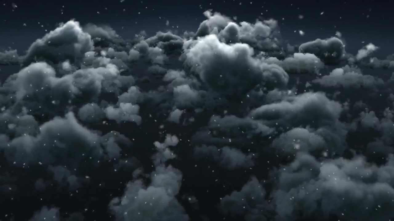 하늘의 회색 구름에 맞서 떨어지는 눈의 디지털 애니메이션
