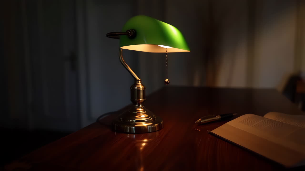 Classic green banker's lamp illuminating a wooden desk with an open book and pen