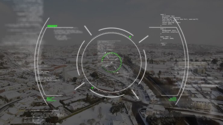 Animation of circles, computer language over aerial view of snow covered modern city