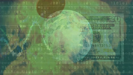 animation of globe, dollar bill, casino chip and financial data processing over binary coding
