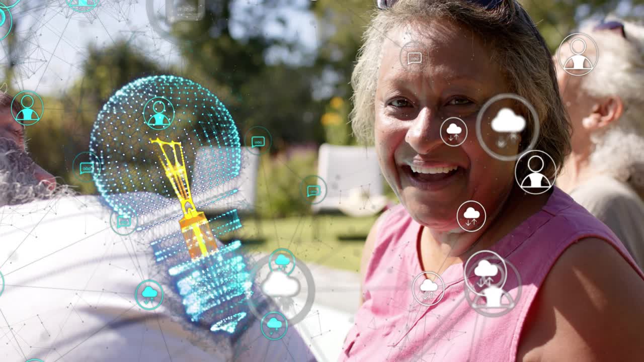 Man shifting seat causing holo bulb overlaying pair, woman leaning, laughing, showing tech