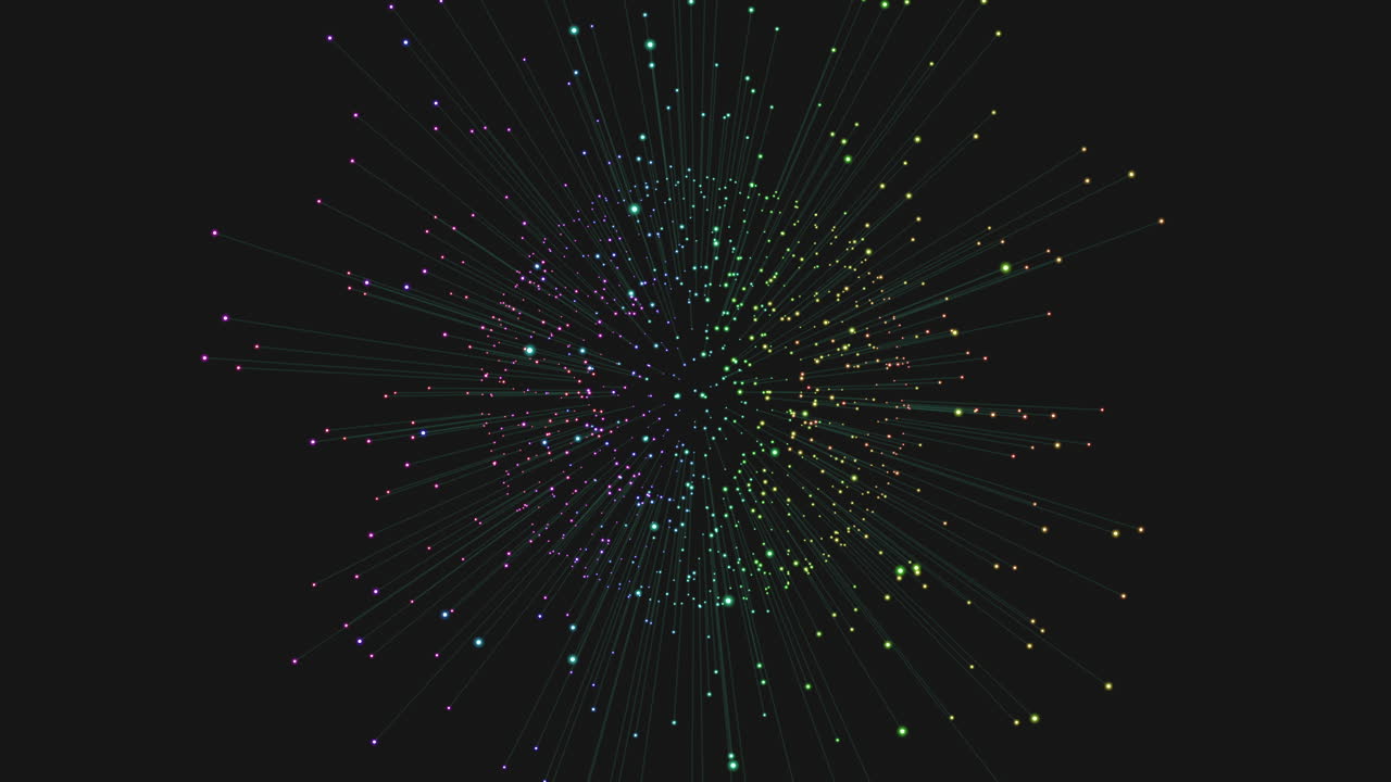 Vibrant colored dots form a symmetrical pattern on a black background in this intriguing image. Brightness variations add depth, creating a visually appealing but cryptic design