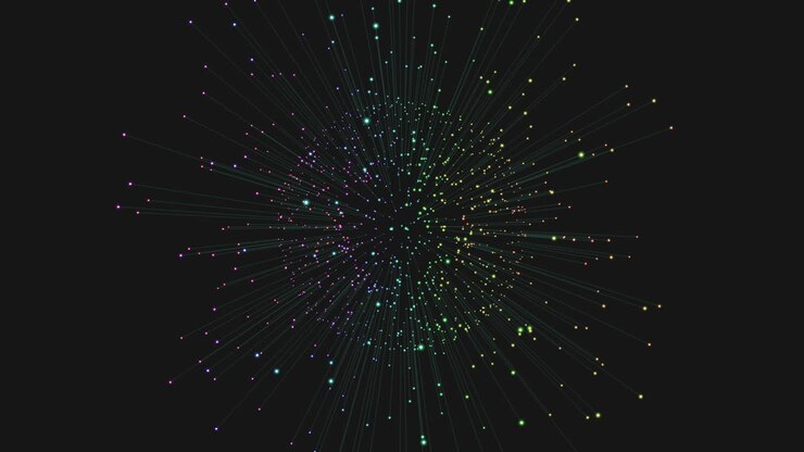 Punti colorati vivaci formano un modello simmetrico su uno sfondo nero in questa immagine intrigante. Le variazioni di luminosità aggiungono profondità, creando un design visivamente accattivante ma criptico.
