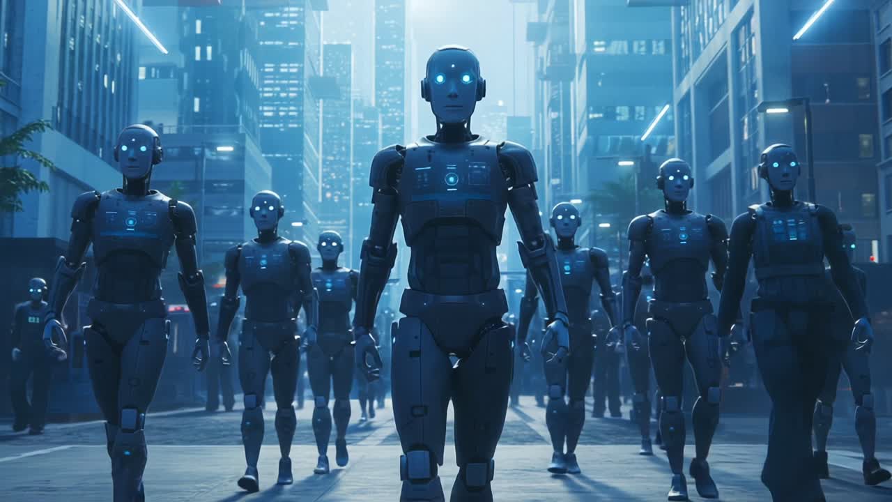 A group of advanced humanoid robots with glowing blue eyes marches through a futuristic urban landscape, showcasing the balance between technology and humanity in a shimmering metropolis