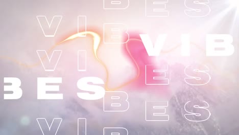 Animation-Des-In-Weiß-Geschriebenen-Wortes-„Vibes“-Mit-Lichtspuren,-Die-Sich-über-Hinterleuchtete,-Neblige-Berge-Bewegen