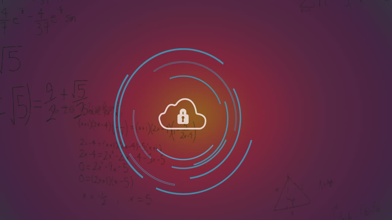Animation of security padlock icon and mathematical equations against purple gradient background