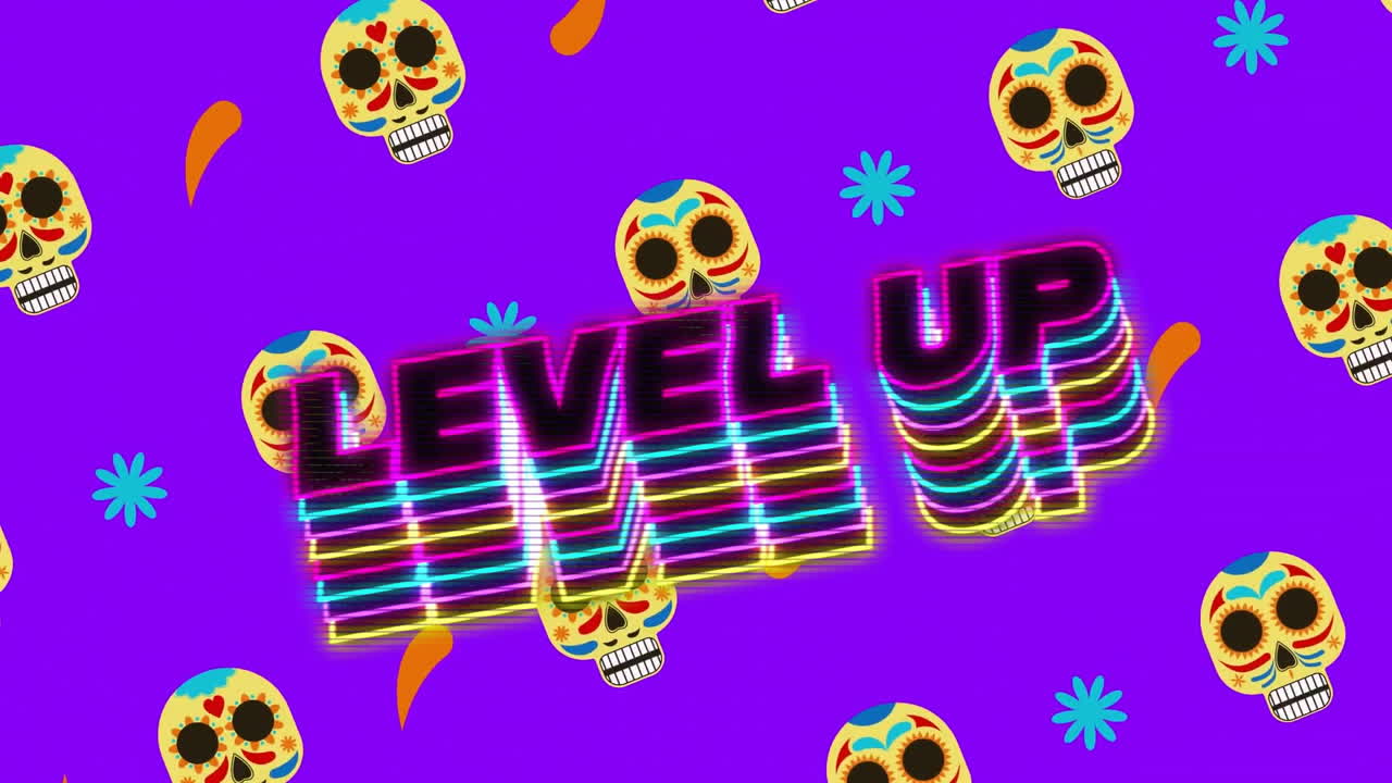 Animation of level up text over colourful skulls on purple background