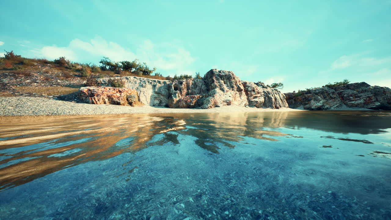 은 물, 파란 하늘, 바위 절벽이 있는 아름답고 조용한 해변입니다.