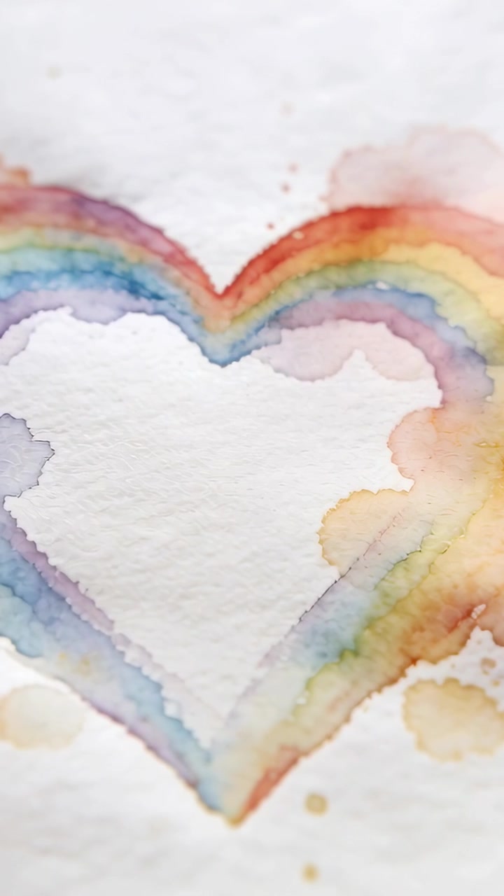 Video verticale: Telecamera panoramica che mostra un cuore ad acquerello su carta con arcobaleno e macchie per i dettagli.