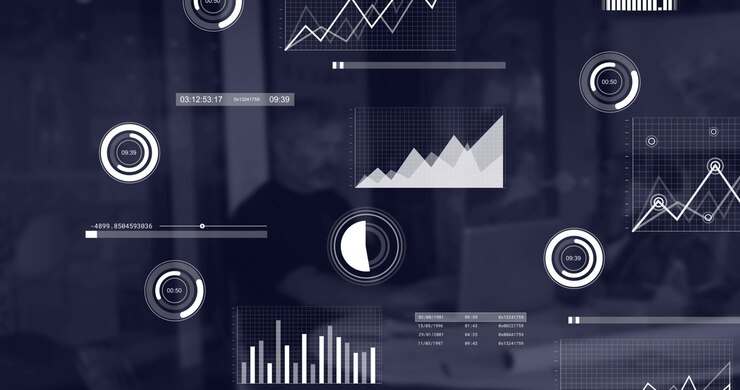 Animation of interface with statistical data processing against man using a laptop at office