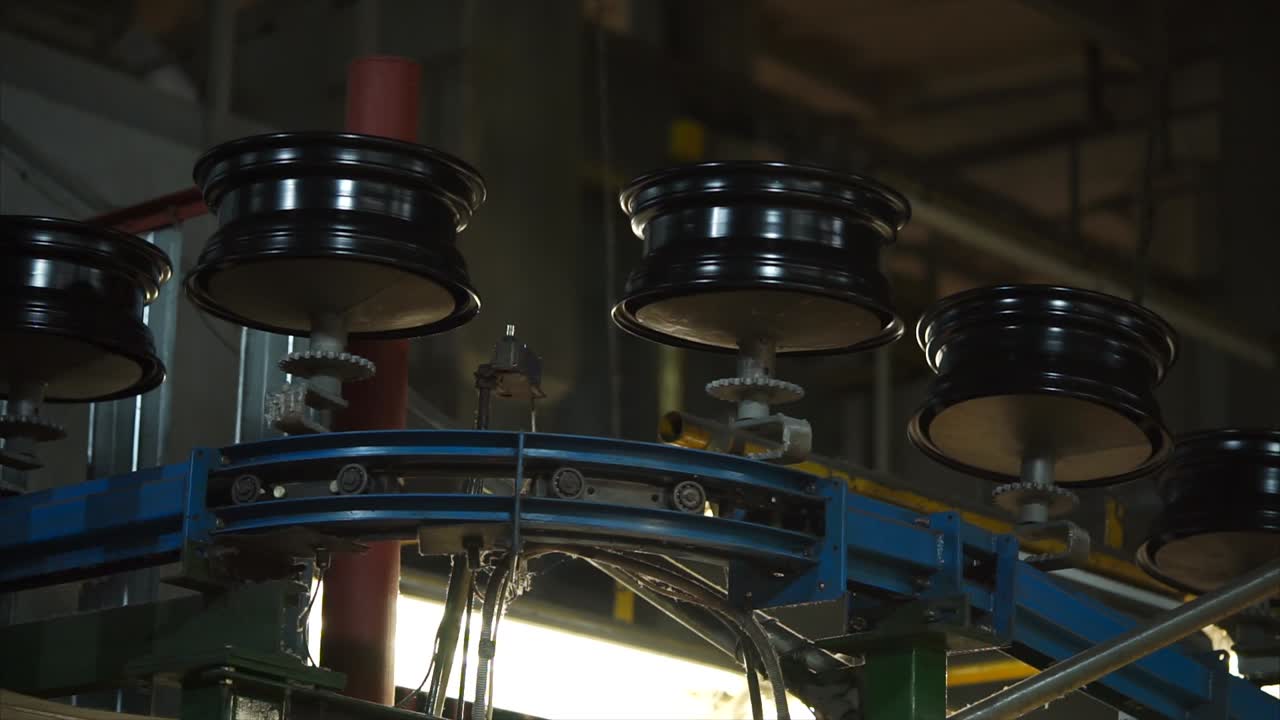 Car Wheel Painting Process on a Conveyor Belt